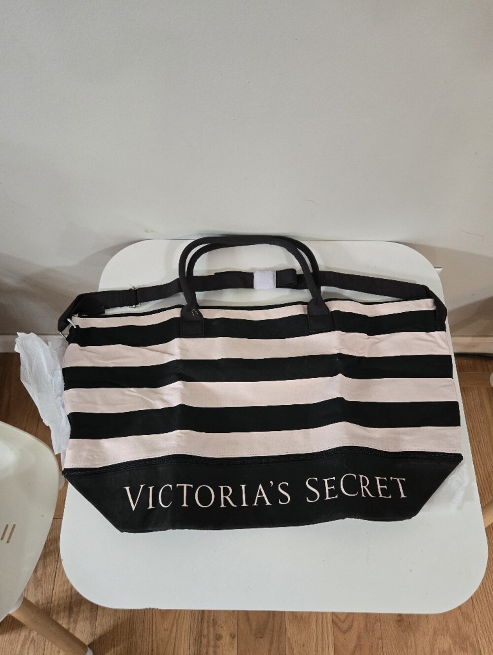 Victoria's Secret Black and Light Pink Striped Canvas Tote NWOT